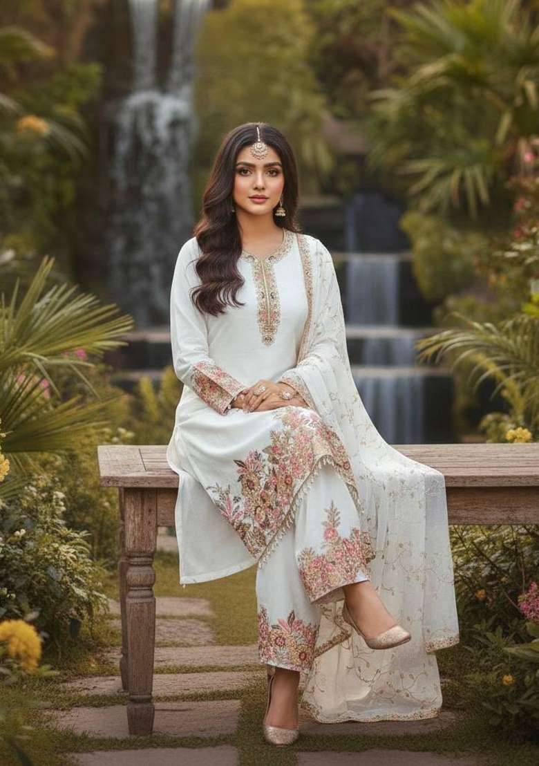 White Emboidered Georgette Kurta Set - Indya