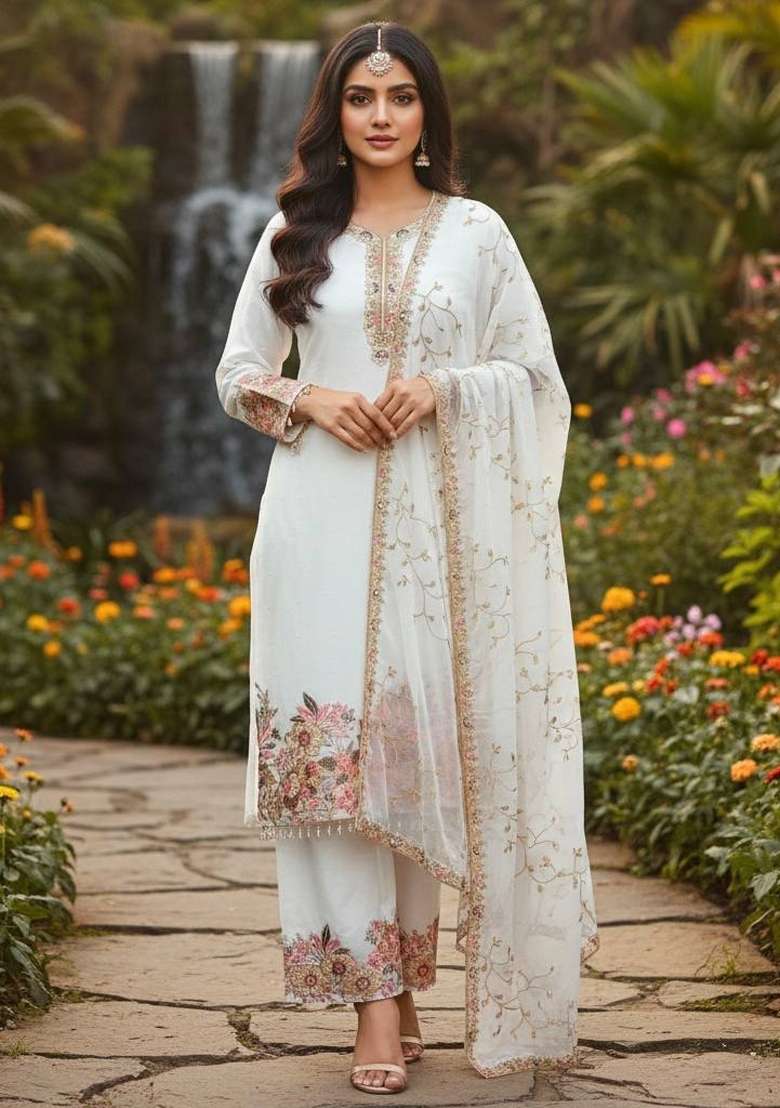 White Emboidered Georgette Kurta Set - Indya