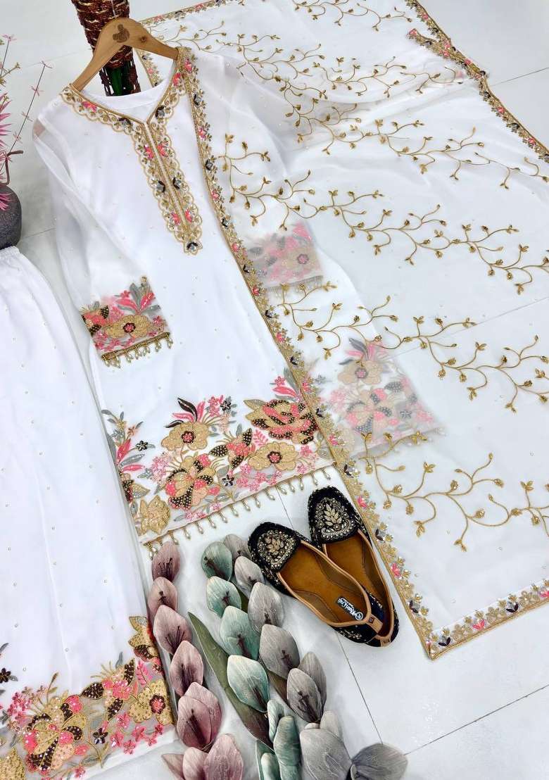 White Emboidered Georgette Kurta Set - Indya