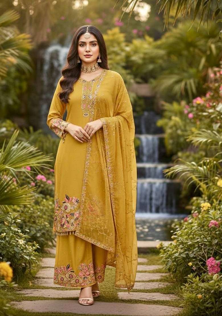 Yellow Emboidered Georgette Kurta Set - Indya