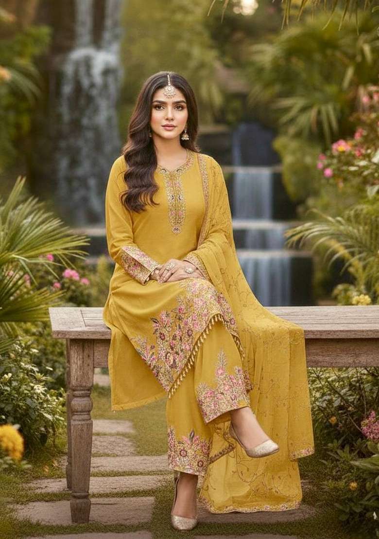 Yellow Emboidered Georgette Kurta Set - Indya
