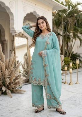 Sky Blue Emboidered Roman Glass Kurta Set