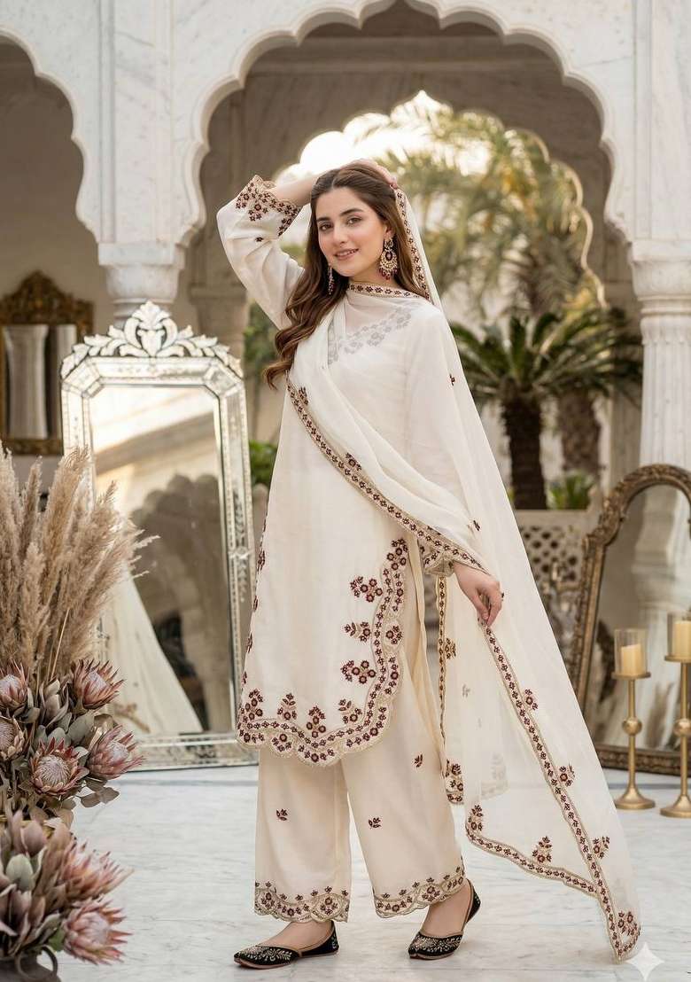 White Emboidered Roman Glass Kurta Set - Indya