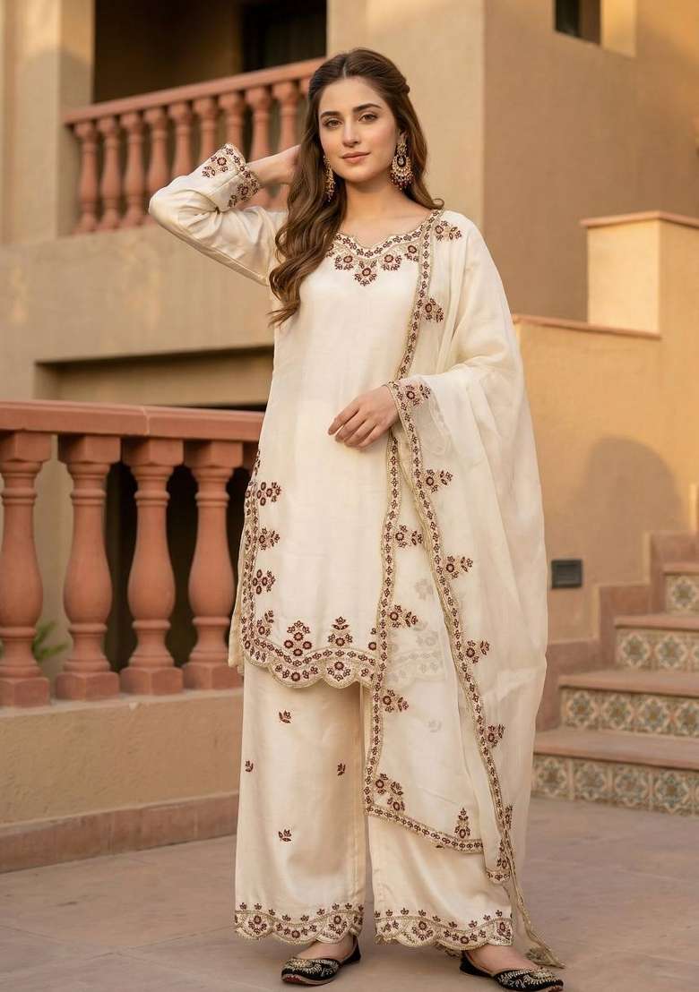 White Emboidered Roman Glass Kurta Set - Indya