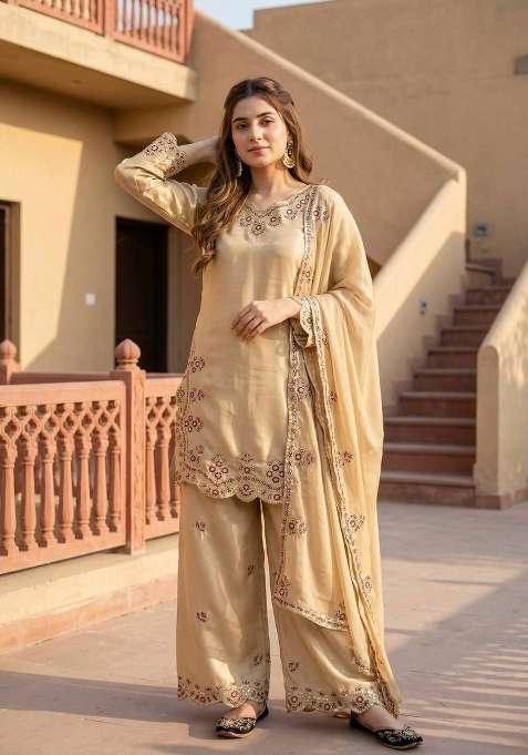 Copper Gold Emboidered Roman Glass Kurta Set