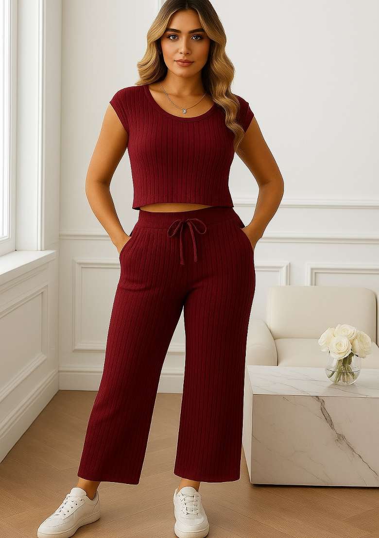 Maroon Woven Designer Ribbed Kurta Set - Indya