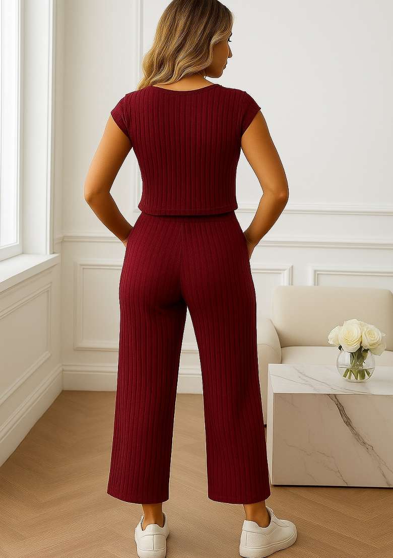 Maroon Woven Designer Ribbed Kurta Set - Indya