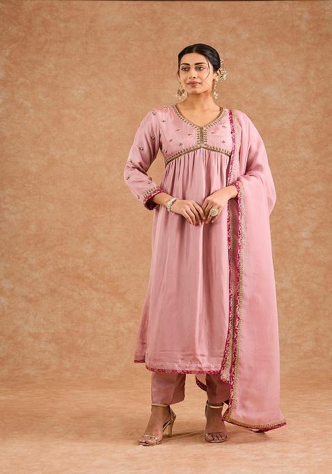Pink Embroidered Silk Kurta Set