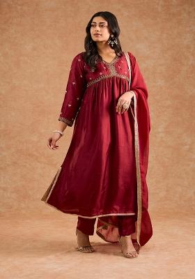 Maroon Embroidered Silk Kurta Set