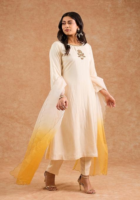 Ivory Embroidered Silk Kurta Set