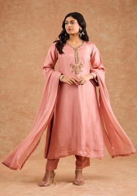 Peach Embroidered Silk Kurta Set
