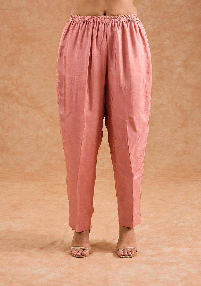 Peach Embroidered Silk Blend Kurta Set - Indya