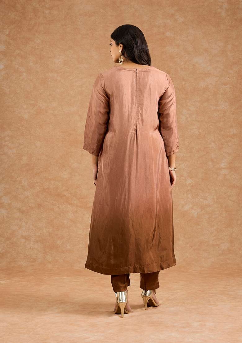 Brown Embroidered Silk Blend Kurta Set - Indya