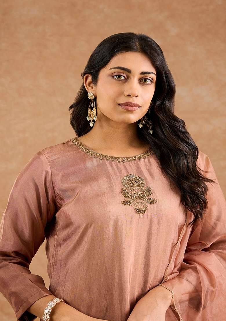 Brown Embroidered Silk Blend Kurta Set - Indya