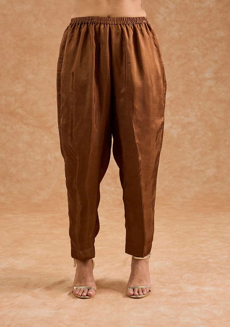 Brown Embroidered Silk Blend Kurta Set - Indya