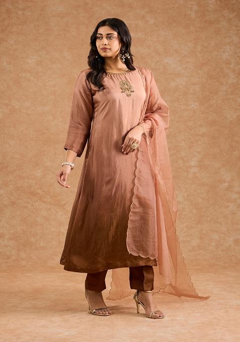 Brown Embroidered Silk Kurta Set