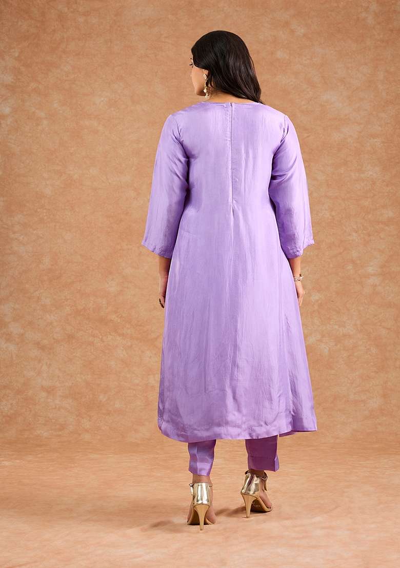 Lavender Embroidered Silk Blend Kurta Set - Indya