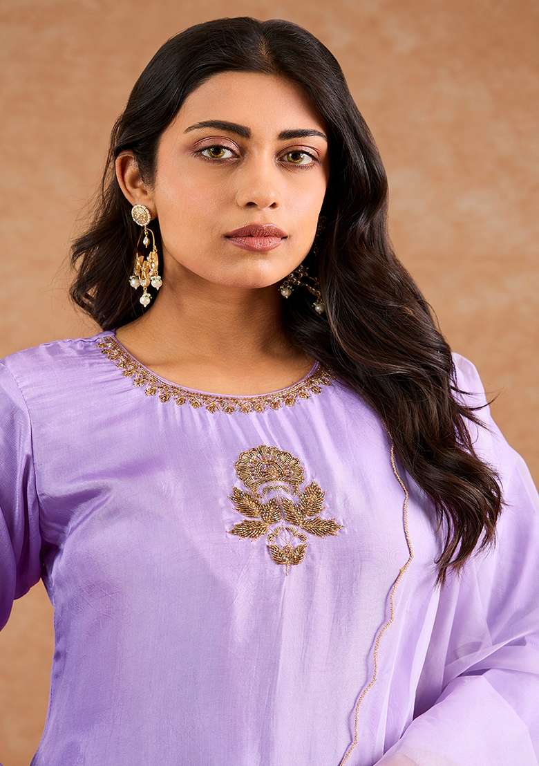 Lavender Embroidered Silk Blend Kurta Set - Indya