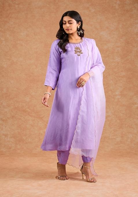 Lavender Embroidered Silk Kurta Set