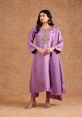 Purple Embroidered Silk Kurta Set