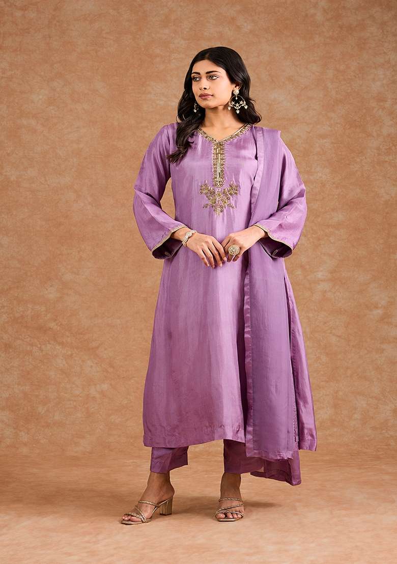 Purple Embroidered Silk Blend Kurta Set - Indya