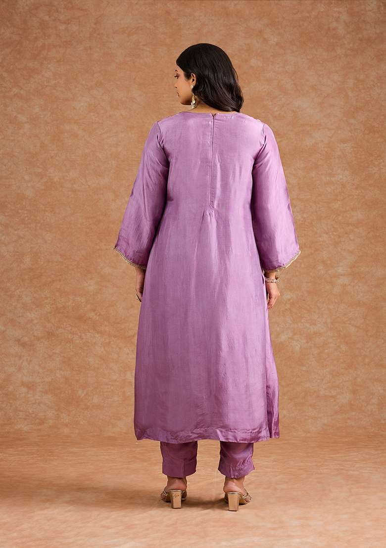 Purple Embroidered Silk Blend Kurta Set - Indya