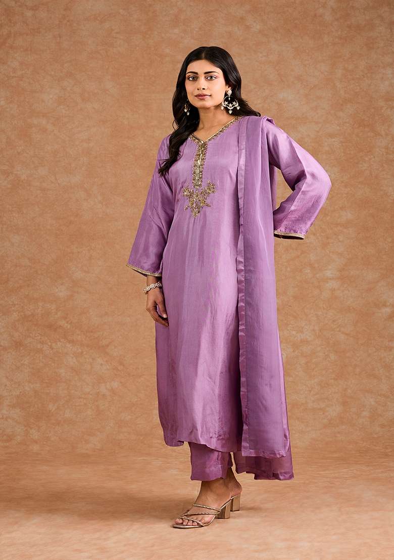 Purple Embroidered Silk Blend Kurta Set - Indya