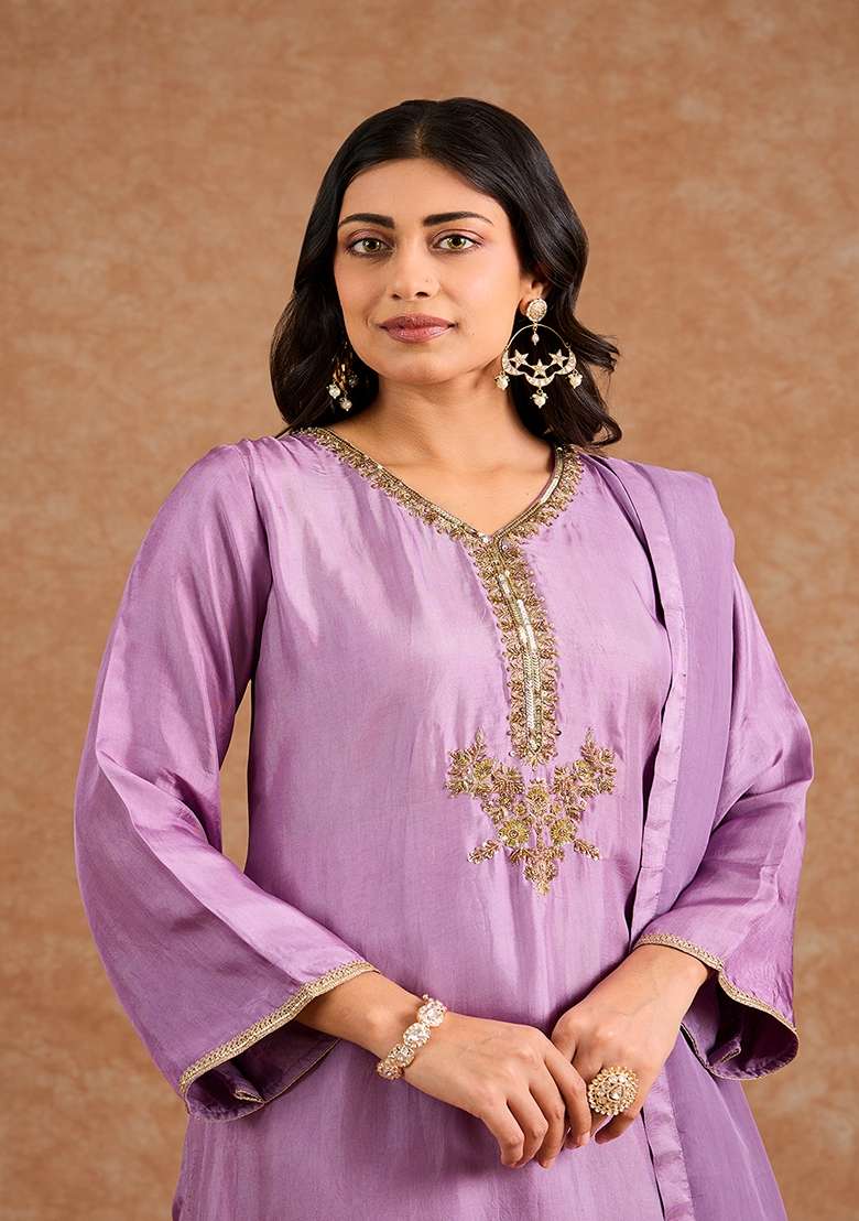 Purple Embroidered Silk Blend Kurta Set - Indya