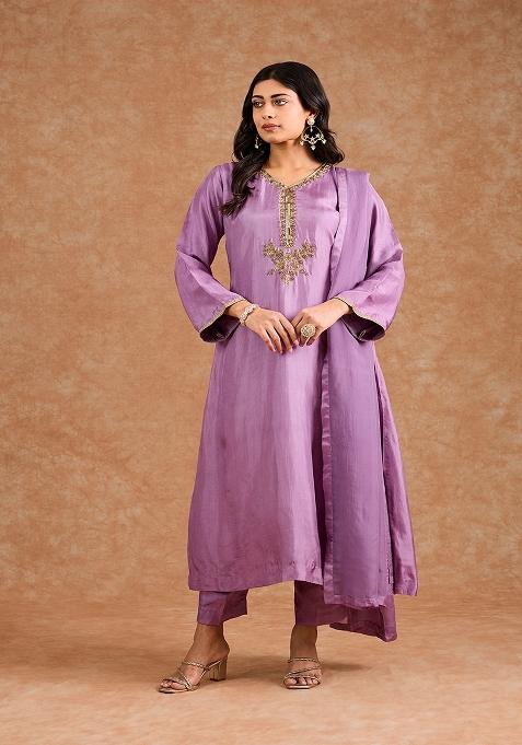 Purple Embroidered Silk Kurta Set