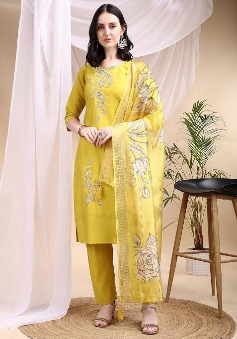 Yellow Embroidered Chanderi Kurta Set