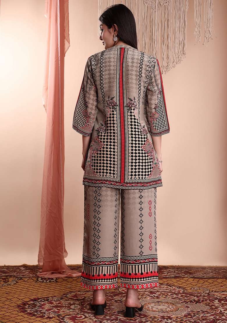 Brown Printed Crepe Palazzo Set - Indya