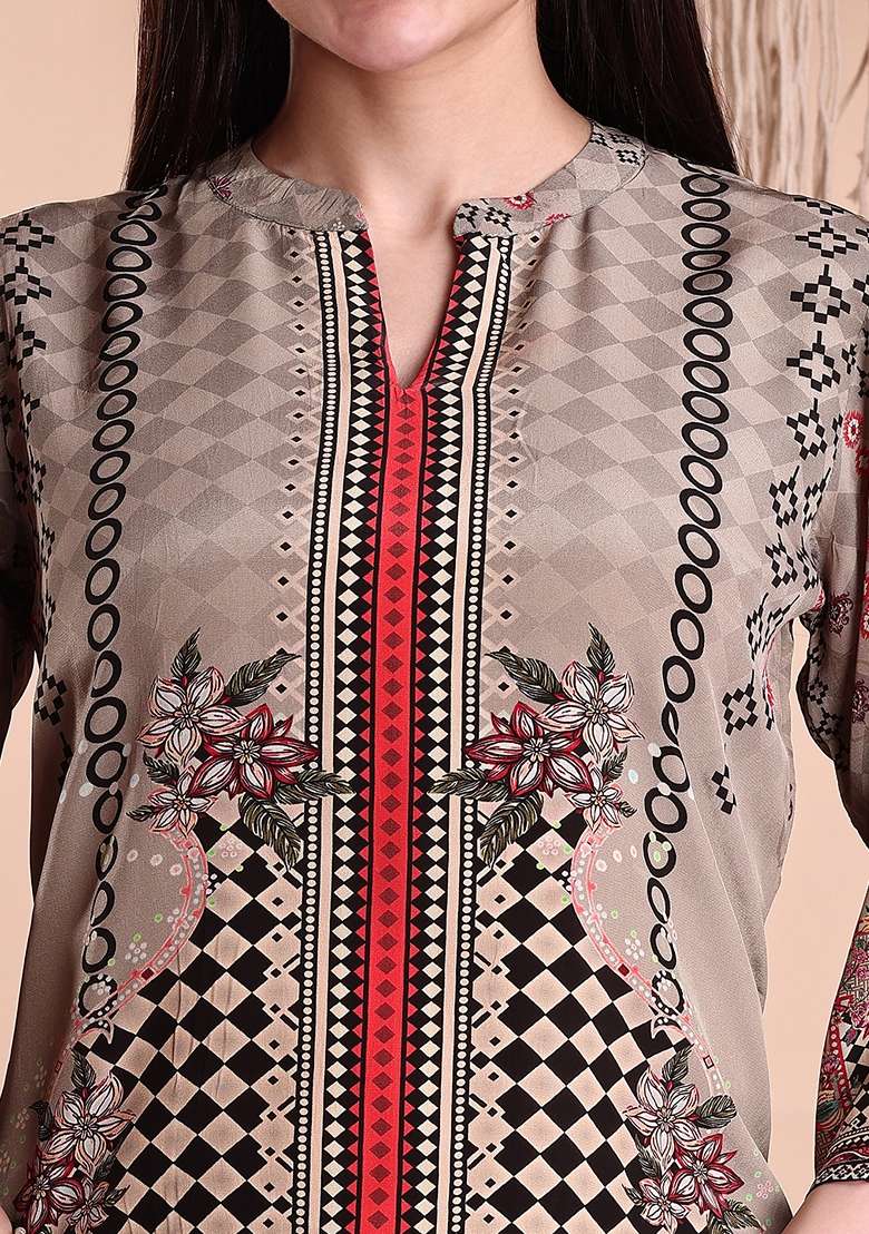 Brown Printed Crepe Palazzo Set - Indya
