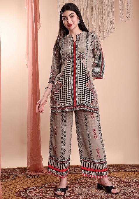 Brown Printed Crepe Palazzo Set