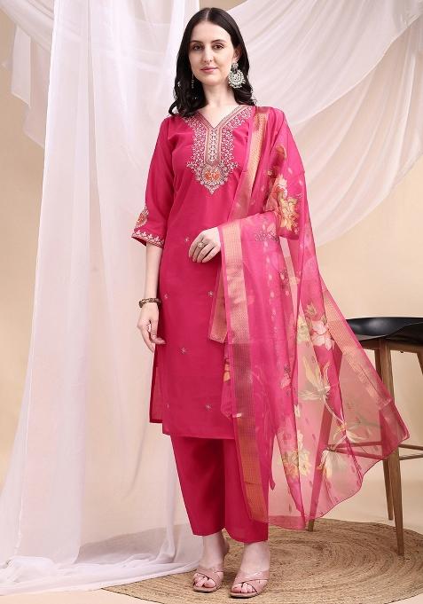 Hot Pink Embroidered Chanderi Kurta Set