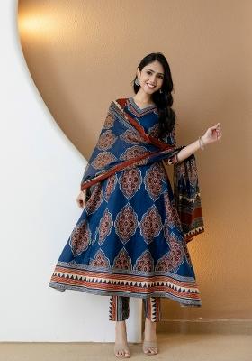 Blue Printed Cotton Kurta Set