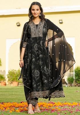 Black Embroidered Rayon Kurta Set