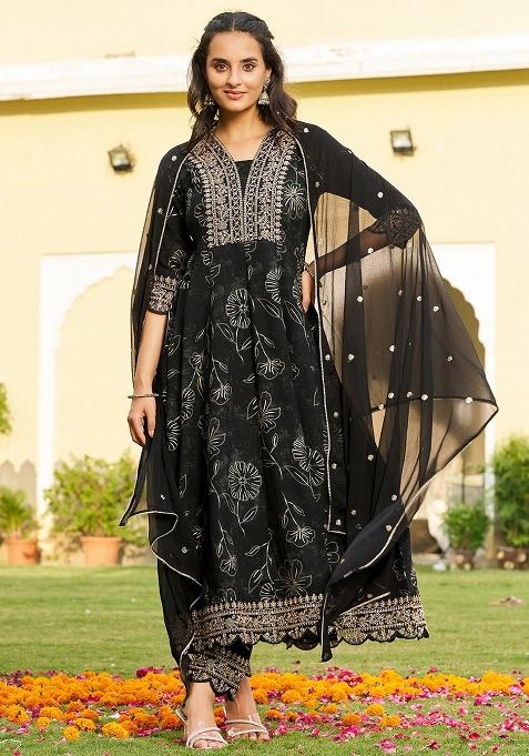 Black Embroidered Rayon Kurta Set