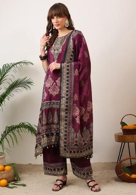 Wine Embroidered Silk Palazzo Set