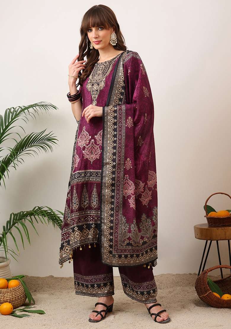 Wine Embroidered Silk Palazzo Set - Indya