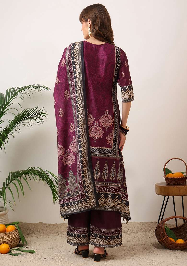 Wine Embroidered Silk Palazzo Set - Indya