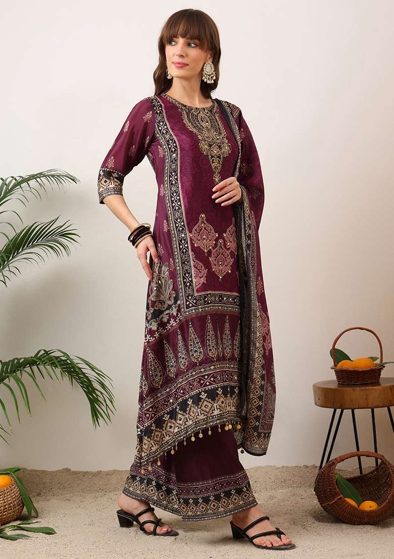 Wine Embroidered Silk Palazzo Set - Indya
