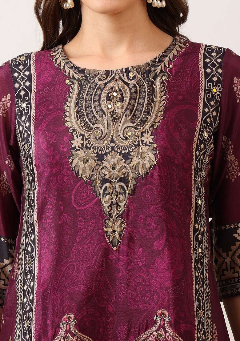 Wine Embroidered Silk Palazzo Set - Indya