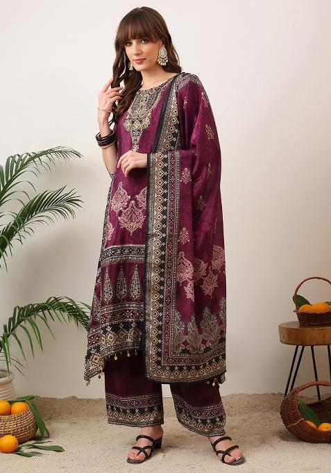 Wine Embroidered Silk Palazzo Set