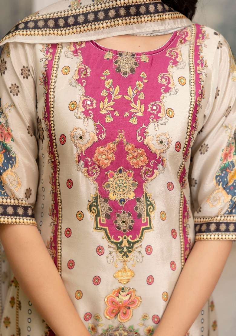 White Embroidered Silk Palazzo Set - Indya