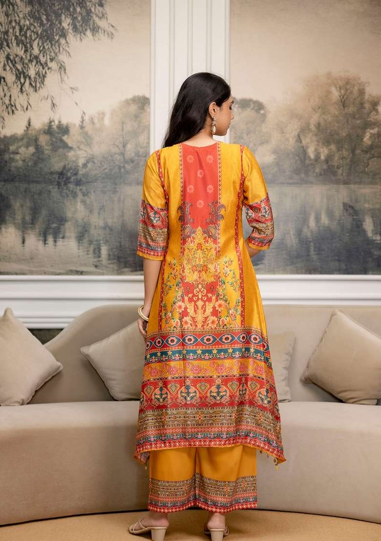 Mustard Embroidered Silk Palazzo Set - Indya