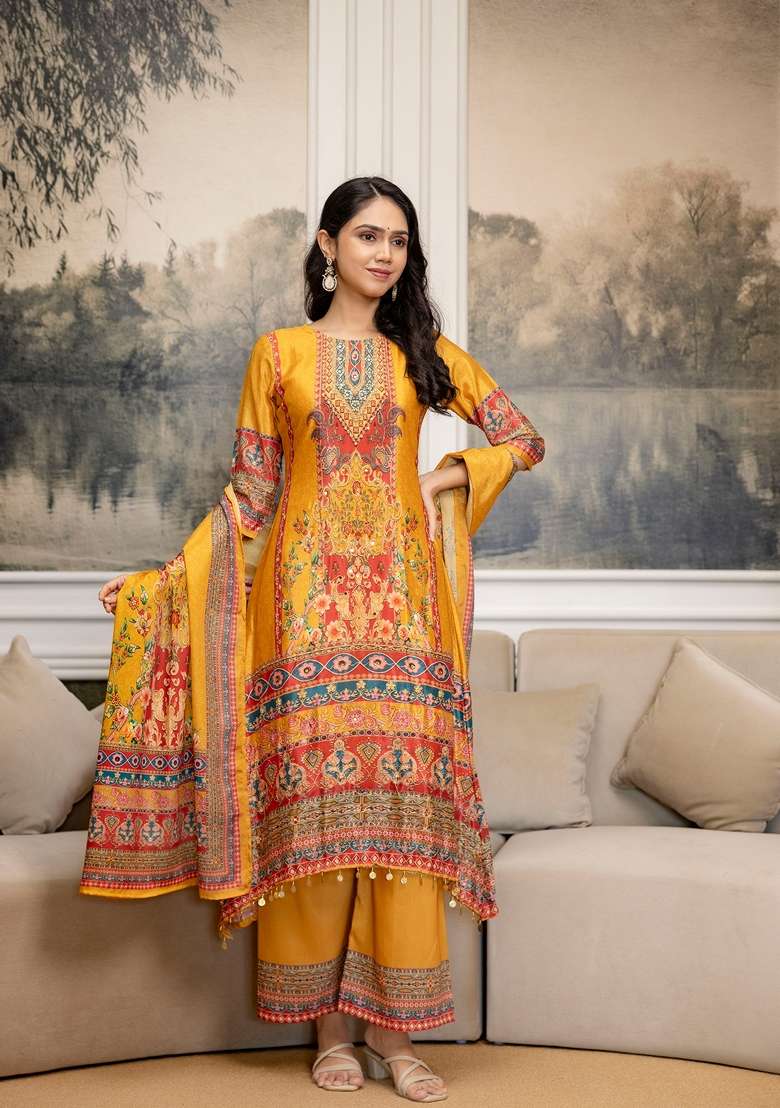 Mustard Embroidered Silk Palazzo Set - Indya