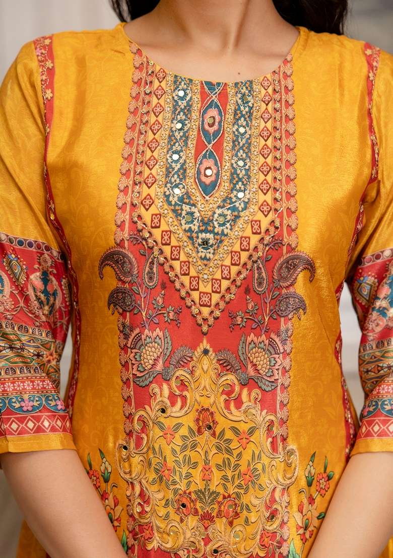 Mustard Embroidered Silk Palazzo Set - Indya