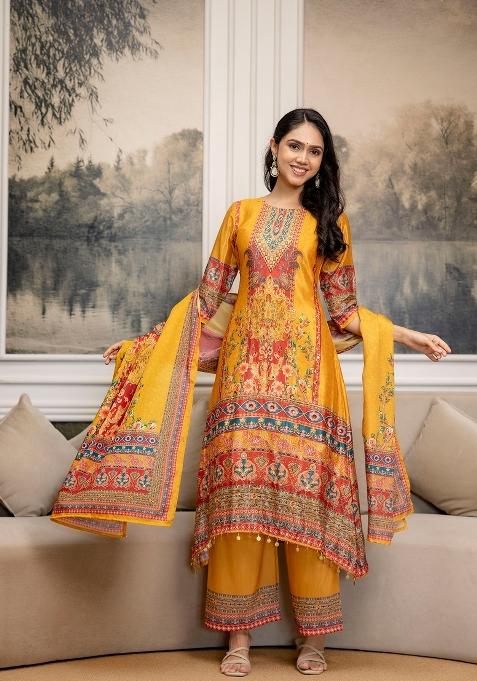 Mustard Embroidered Silk Palazzo Set