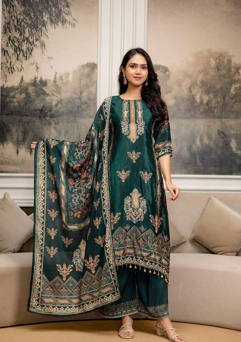 Teal Embroidered Silk Palazzo Set - Indya