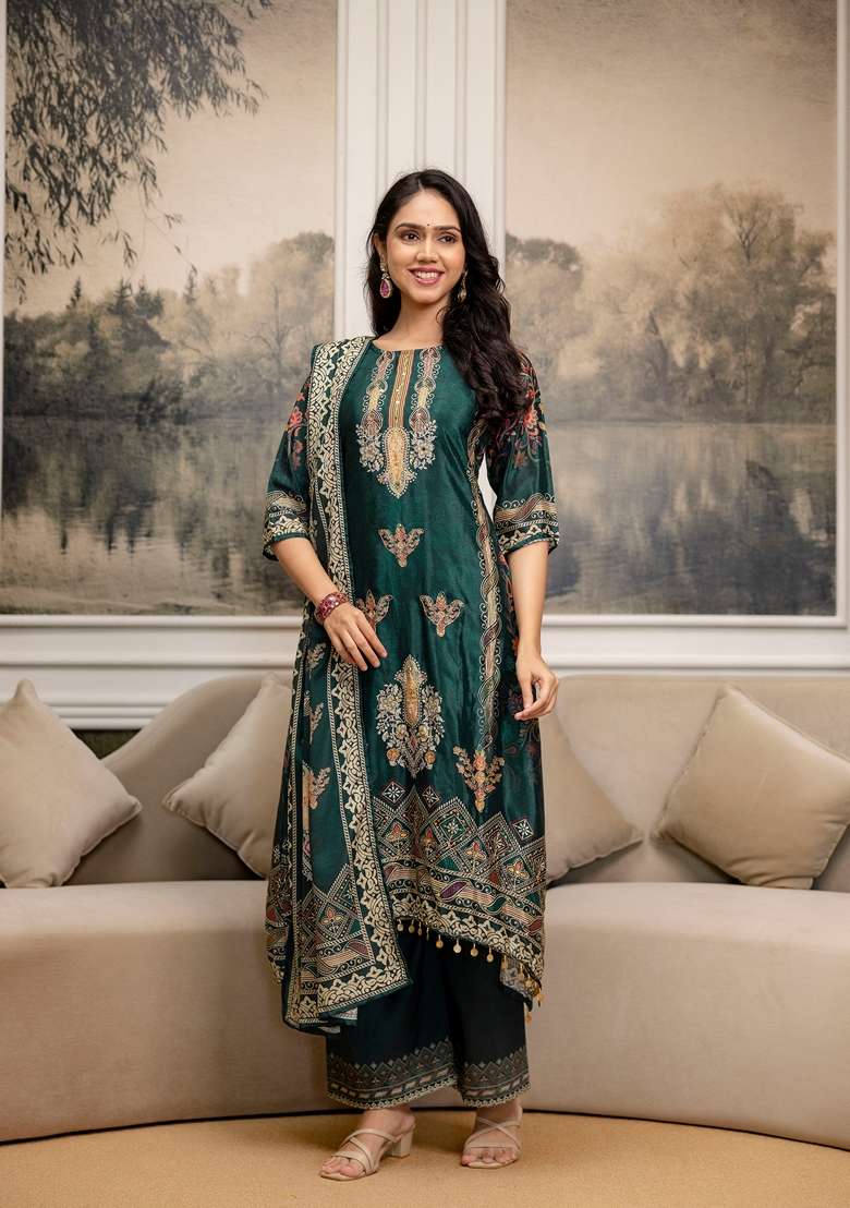 Teal Embroidered Silk Palazzo Set - Indya